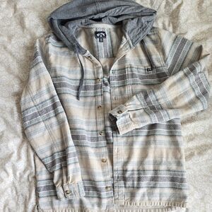 Billabong Plaid Hooded Shirt in Gray and Cream